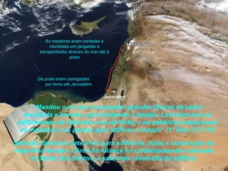 Jerusalém
As madeiras eram cortadas e
montadas em jangadas e
transportadas através do mar até à
praia
Da praia eram carregadas
por terra até Jerusalém.
“Mandou o rei que trouxessem grandes blocos de pedra
escolhida e lavrada, para fundarem o templo. Lavraram-nas os
edificadores de Salomão e os de Hirão, e os gebalitas preparavam
as madeiras e as pedras para edificar o templo” (1° Reis 5:17-18)
Salomão demorou sete anos para edifica-lo. Após a construção do
magnífico templo, a Arca da Aliança foi cuidadosamente colocada
no Santo dos Santos, a sala mais reservada do edifício.
 