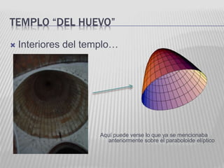 TEMPLO “DEL HUEVO” 
 Interiores del templo… 
Aquí puede verse lo que ya se mencionaba 
anteriormente sobre el paraboloide elíptico 
 