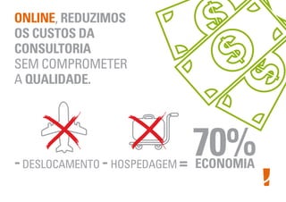 ONLINE, REDUZIMOS
OS CUSTOS DA
CONSULTORIA
SEM COMPROMETER
A QUALIDADE.
-DESLOCAMENTO -HOSPEDAGEM =
70%ECONOMIA
 