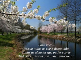 Para você... Desejo todas as cores desta vida. Todas as alegrias que puder sorrir. Todas as músicas que puder emocionar. 
