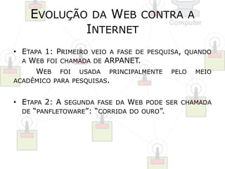 EVOLUÇÃO DA WEB CONTRA A 
INTERNET 
• ETAPA 1: PRIMEIRO VEIO A FASE DE PESQUISA, QUANDO 
A WEB FOI CHAMADA DE ARPANET. 
WEB FOI USADA PRINCIPALMENTE PELO MEIO 
ACADÊMICO PARA PESQUISAS. 
• ETAPA 2: A SEGUNDA FASE DA WEB PODE SER CHAMADA 
DE “PANFLETOWARE”: “CORRIDA DO OURO”. 
 