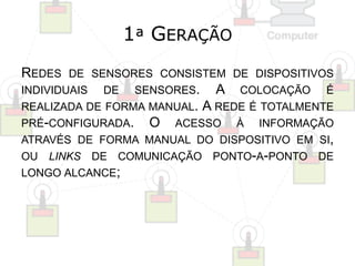 1ª GERAÇÃO 
REDES DE SENSORES CONSISTEM DE DISPOSITIVOS 
INDIVIDUAIS DE SENSORES. A COLOCAÇÃO É 
REALIZADA DE FORMA MANUAL. A REDE É TOTALMENTE 
PRÉ-CONFIGURADA. O ACESSO À INFORMAÇÃO 
ATRAVÉS DE FORMA MANUAL DO DISPOSITIVO EM SI, 
OU LINKS DE COMUNICAÇÃO PONTO-A-PONTO DE 
LONGO ALCANCE; 
 
