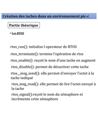 Création des taches dans un environnement pic-c
Partie théorique
Les RTOS
rtos_run(): initialise l operateur de RTOS
rtos_terminate(): termine l’opération de rtos
rtos_enable(): reçoit le nom d’une tache en augment
rtos_disable(): permet de désactiver cette tache
rtos__msg_send(): elle permet d’envoyer l’octet à la
tache indiqué
rtos_msg_read(): elle permet de lire l’octet envoyé à
la tache
rtos_signal():reçoit le nom du sémaphore et
incrémente cette sémaphore
 