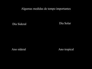 Algumas medidas de tempo importantes Dia Sideral  Dia Solar  Ano sideral  Ano tropical  