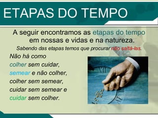 ETAPAS DO TEMPO A seguir encontramos as  etapas do tempo  em nossas e vidas e na natureza. Sabendo das etapas temos que procurar  não saltá-las . Não há como  colher  sem cuidar,  semear  e não colher,  colher sem semear,  cuidar sem semear e  cuidar  sem colher. 