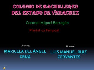Coronel Miguel Barragán
      Plantel 02 Tempoal



Alumna:                    Docente:
 