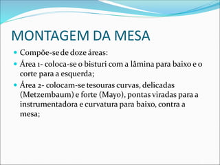 MONTAGEM DA MESA
 Compõe-sede doze áreas:
 Área 1- coloca-se o bisturi com a lâmina para baixo e o
corte para a esquerda;
 Área 2- colocam-se tesouras curvas, delicadas
(Metzembaum)e forte (Mayo), pontas viradas para a
instrumentadora e curvatura para baixo, contra a
mesa;
 
