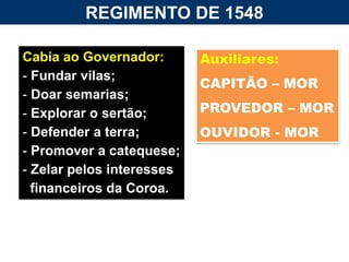 REGIMENTO DE 1548
Auxiliares:
CAPITÃO – MOR
PROVEDOR – MOR
OUVIDOR - MOR
Cabia ao Governador:
- Fundar vilas;
- Doar semarias;
- Explorar o sertão;
- Defender a terra;
- Promover a catequese;
- Zelar pelos interesses
financeiros da Coroa.
 