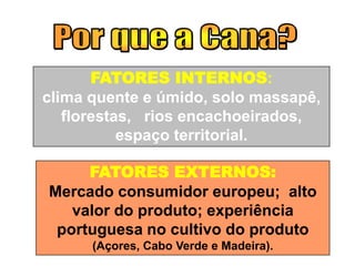 FATORES INTERNOS:
clima quente e úmido, solo massapê,
florestas, rios encachoeirados,
espaço territorial.
FATORES EXTERNOS:
Mercado consumidor europeu; alto
valor do produto; experiência
portuguesa no cultivo do produto
(Açores, Cabo Verde e Madeira).
 