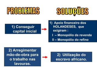 1) Conseguir
capital inicial
1) Apoio financeiro dos
HOLANDESES, que
exigiram :
I – Monopólio da revenda
II – Monopólio do refino
2) Arregimentar
mão-de-obra para
o trabalho nas
lavouras.
2) Utilização do
escravo africano.
 