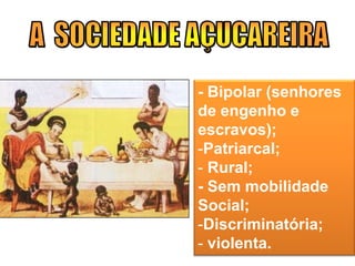 - Bipolar (senhores
de engenho e
escravos);
-Patriarcal;
- Rural;
- Sem mobilidade
Social;
-Discriminatória;
- violenta.
 