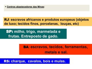  Centros abastecedores das Minas:
RJ: escravos africanos e produtos europeus (objetos
de luxo; tecidos finos, porcelanas, louças, etc)
SP: milho, trigo, marmelada e
frutas. Entreposto de gado.
BA: escravos, tecidos, ferramentas,
metais e sal.
RS: charque, cavalos, bois e mulas.
 
