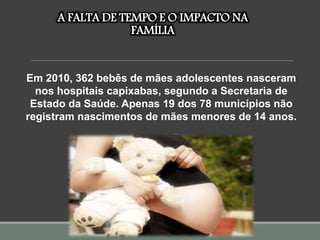A FALTA DE TEMPO E O IMPACTO NA
FAMÍLIA
Em 2010, 362 bebês de mães adolescentes nasceram
nos hospitais capixabas, segundo a Secretaria de
Estado da Saúde. Apenas 19 dos 78 municípios não
registram nascimentos de mães menores de 14 anos.
 