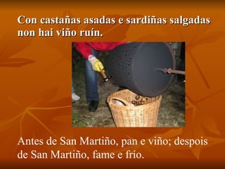 Con castañas asadas e sardiñas salgadas non hai viño ruín.   Antes de San Martiño, pan e viño; despois de San Martiño, fame e frío.   