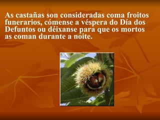 As castañas son consideradas coma froitos funerarios, cómense a véspera do Día dos Defuntos ou déixanse para que os mortos as coman durante a noite.  