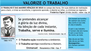 Se pretendes alcançar
A glória da luz divina,
Na bênção de cada instante,
Trabalha, serve e ilumina.
Casemiro Cunha – Cartas do Coração – Cap. 22
O TRABALHO É DAS MAIORES BÊNÇÃOS DE DEUS no campo das horas. Em suas dádivas de realização
para o bem, o triste se reconforta, o ignorante aprende, o doente se refaz, o criminoso se regenera.
Frederico Figner (Irmão Jacob) – Voltei – Cap. 20
Casemiro Cunha
1880/1914
VALORIZE O TRABALHO
 O Trabalho–ação transforma o Ambiente.
 O Trabalho–serviço transforma o Homem.
Emmanuel – Pensamento e Vida – Cap. 7
Um homem se humilha
Se castram seu sonho
Seu sonho é sua vida
E vida é trabalho.
E sem o seu trabalho
O homem não tem honra
E sem a sua honra
Se morre, se mata.
Não dá pra ser feliz.
Não dá pra ser feliz.
Gonzaguinha –
Um Homem também
chora
 