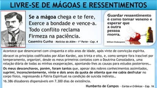 Se a mágoa chega e te fere,
Exerce a bondade e vence-a.
Todo conflito reclama
Firmeza na paciência.
Casemiro Cunha – Notícias do Além – 1º Parte – Cap. 4
Casemiro Cunha
1880/1914
LIVRE-SE DE MÁGOAS E RESSENTIMENTOS
Acontece que desencarnei com cinquenta e oito anos de idade, após vinte de convicção espírita.
Abracei os princípios codificados por Allan Kardec, aos trinta e oito, e, como sempre fora irascível por
temperamento, organizei, desde os meus primeiros contatos com a Doutrina Consoladora, uma
relação diária de todas as minhas exasperações, apontando-lhes as causas para estudos posteriores…
Os meus desconchavos, porém, foram tantos que, apesar dos nobres conhecimentos assimilados,
suprimi, inconscientemente, vinte e dois anos da quota de oitenta que me cabia desfrutar no
corpo físico, regressando à Pátria Espiritual na condição de suicida indireto…
16.386 dissabores dispensáveis em 7.300 dias de existência.
Humberto de Campos – Cartas e Crônicas – Cap. 16
Casemiro Cunha – Notícias do Além – 1º Parte – Cap. 4
 