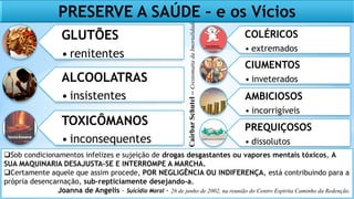 GLUTÕES
• renitentes
ALCOOLATRAS
• insistentes
TOXICÔMANOS
• inconsequentes
Cairbar
Schutel
–
Crestomatia
da
Imortalidade
–
Cap.
PRESERVE A SAÚDE – e os Vícios
COLÉRICOS
• extremados
CIUMENTOS
• inveterados
AMBICIOSOS
• incorrigíveis
PREQUIÇOSOS
• dissolutos
Sob condicionamentos infelizes e sujeição de drogas desgastantes ou vapores mentais tóxicos, A
SUA MAQUINARIA DESAJUSTA-SE E INTERROMPE A MARCHA.
Certamente aquele que assim procede, POR NEGLIGÊNCIA OU INDIFERENÇA, está contribuindo para a
própria desencarnação, sub-repticiamente desejando-a.
Joanna de Angelis – Suicídio Moral - 26 de junho de 2002, na reunião do Centro Espírita Caminho da Redenção.
 
