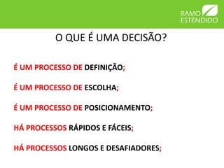 O QUE É UMA DECISÃO?

É UM PROCESSO DE DEFINIÇÃO;

É UM PROCESSO DE ESCOLHA;

É UM PROCESSO DE POSICIONAMENTO;

HÁ PROCESSOS RÁPIDOS E FÁCEIS;

HÁ PROCESSOS LONGOS E DESAFIADORES;
 