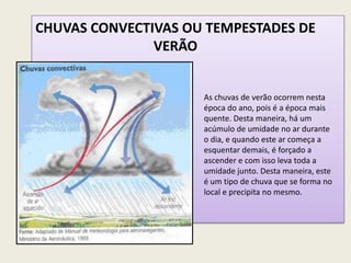 CHUVAS CONVECTIVAS OU TEMPESTADES DE
VERÃO
As chuvas de verão ocorrem nesta
época do ano, pois é a época mais
quente. Desta maneira, há um
acúmulo de umidade no ar durante
o dia, e quando este ar começa a
esquentar demais, é forçado a
ascender e com isso leva toda a
umidade junto. Desta maneira, este
é um tipo de chuva que se forma no
local e precipita no mesmo.
 
