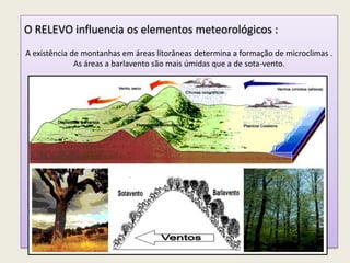 O RELEVO influencia os elementos meteorológicos :
A existência de montanhas em áreas litorâneas determina a formação de microclimas .
As áreas a barlavento são mais úmidas que a de sota-vento.
 