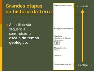 Grandes etapas         + recente

da história da Terra

 A partir desta
 sequência
 construíram a
 escala do tempo
 geológico.




                       + antigo
 