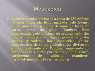    A era Mesozoica iniciou-se a cerca de 250 milhões
    de anos atrás, ela ficou marcada pelo intenso
    vulcanismo e consequente derrame de lavas em
    várias partes do globo. Também ficou
    caracterizada pelo processo de sedimentação dos
    fundos marinhos, que originou grande parte das
    jazidas petrolíferas hoje conhecidas. Outras
    características dessa era geológica são: divisão do
    grande continente da Pangeia, surgimento de
    grandes répteis, como, por exemplo, o dinossauro,
    surgimento        de       animais      mamíferos,
    desenvolvimento de flores nas plantas.
 
