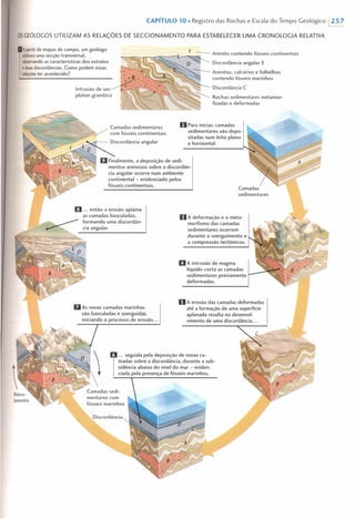 CAPíTULO 10. Registro das Rochas e Escala do Tempo Geológico 1257
OS GEÓLOGOS UTILIZAM AS RELAÇÕES DE SECClONAMENTO PARA ESTABELECER UMA CRONOLOGIA RELATIVA
A partir de mapas de campo, um geólogo
elaborauma secção transversal,
observandoas características dos estratos
eduasdiscordâncias. Como podem essas
relaçõester acontecido?
F - Arenito contendo fósseis continentais
Discordãncia angular E
.~ ..•..,,"~~.... Arenitos, calcários e folhelhos
contendo fósseis marinhos
Discordãncia C
~ Rochas sedimentares metamor-
fizadas e deformadas
Camadas sedimentares
/ com fósseis continentais
'''-'~~~~~,.,. .•••..><>-- Discordãncia angular
oPara iniciar, camadas
sedimentares são depo-
sitadas num leito plano
e horizontal.
DFinalmente, a deposição de sedi-
mentos arenosos sobre a discordãn-
cia angular ocorre num ambiente
continental - evidenciado pelos
fósseis continentais.
li ...então a erosão aplaina
as camadas basculadas,
_______ formando uma discordãn-
.--- cia angular.
DA deformação e o meta-
morfismo das camadas
sedimentares ocorrem
durante o soerguimento e
a compressão tectônicos.
11A intrusão de magma
líquido corta as camadas
sedimentares previamente
deformadas.
DAs novas camadas marinhas
são basculadas e soerguidas,
iniciando o processo de erosão ...
oA erosão das camadas deformadas
até a formação de uma superfície
aplanada resulta no desenvol-
vimento de uma discordãncia ...
... seguida pela deposição de novas ca-
madas sobre a discordãncia, durante a sub-
sidência abaixo do nível do mar - eviden-
ciada pela presença de fósseis marinhos.
 