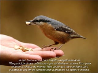 Já não tenho tempo para projetos megalomaníacos.Já não tenho tempo para projetos megalomaníacos.
Não participarei de conferências que estabelecem prazos fixos paraNão participarei de conferências que estabelecem prazos fixos para
reverter a miséria do mundo. Não quero que me convidem parareverter a miséria do mundo. Não quero que me convidem para
eventos de um fim de semana com a proposta de abalar o milênio.eventos de um fim de semana com a proposta de abalar o milênio.
 