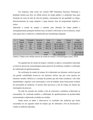 Em empresas onde existe um sistema ERP (Enterprise Resource Planning) a
produção horária que deve ser obtida através do tempo padrão é o parâmetro base para
formação do custo da mão de obra do produto, custeamento da má qualidade ou refugo,
dimensionamento de carga máquina e carga homem, base de programação logística e
outros.
Aplicando o estudo de tempos e métodos para obtenção do tempo padrão e
conseqüentemente produções horárias reais, na tabela 2 obtiveram-se novos números, sendo
estes agora reais e confiáveis e estabelecidos por metodologia adequada.


  it       Tempo     Produção     Consumo      Custo        Custo          Refugo      Custo
           Padrão     Horária      mensal      peça        mensal          médio     Qualidade
  A          30 s       120        28.000     R$ 2,18    R$ 61.040,00       7%      R$ 4.272,80
  B         66,6s        54        6.000      R$ 2,67    R$ 16.020,00       5%       R$ 801,00
  C          30 s       120        10.000     R$ 2,18    R$ 21.800,00       7%      R$ 1.526,00

                                Totais      mensal        R$ 98.860,00               R$ 6.599,80
                                            anual       R$ 1.186.320,00             R$ 79.197,60
Tabela 2: Dados reais obtidos através de estudo de tempos/ cronometragem (autor, 2010).


          Na segunda fase do estudo de tempos e métodos se aplica a cronoanálise onde pode
se observar através da cronometragem pontos passíveis de melhorias, também a verificação
da viabilização de aperfeiçoamentos.
          Na verificação do estudo de tempos foi evidenciado um elemento variável que por
sua grande variabilidade tornava-se um elemento acíclico que por vezes parecia um
elemento estranho. Referia-se a extração do produto que não tinha constância e não tinha
repetibilidade e algumas vezes interrompia o ciclo de trabalho, desta forma ponto evidente
da necessidade de melhorias. O mesmo fator provocava a alta de refugo em função das
interrupções do processo.
          Na ação de correção dos moldes a fim de solucionar o problema evidenciado na
cronoanálise, foi verificada também a viabilização do aperfeiçoamento da produtividade
incrementando e duplicando cavidades nos moldes.
          Sendo assim na tabela 3 observam-se os resultados das melhorias que foram
executadas em um segundo estudo de tempos que foi elaborado a fim de documentar e
validar as melhorias aplicadas.
 