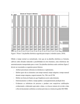 Figura 1: Rosto 1 da planilha eletrônica sugerida para tempos e métodos (autor, 2010).


Obtido o tempo normal ou normalizado, visto que já na planilha eletrônica as formulas
cabíveis estão afixadas reduzindo a possibilidade de erros humanos, estas referências são
automaticamente transportadas para o rosto 2 da planilha eletrônica onde conforme figura 2
devem ser executados os seguintes passos básicos:
   -   Atribuir percentuais referentes às tolerâncias e suplementos.
   -   Definir quais são os elementos com tempo manual, tempo máquina e tempo manual
       durante tempo máquina, respectivamente Tm, TM e tm D TM.
   -   Definir em forma de fração em que freqüência ocorre cada elemento.
   -   Eletronicamente se obtém o tempo padrão e conseqüentemente produção hora
   -   Evidenciar as referências do processo e produto com respectivas codificações
       evidenciando o elaborador aprovador e datas, e se houver número de revisão e data
       a fim de documentar conforme as normas previstas no sistema de gestão ISO 9000.
 