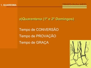 TEMPO PARA DEUS 1. QUARESMA a)Quarentena (1º e 2º Domingos) Tempo de CONVERSÃO Tempo de PROVAÇÃO Tempo de GRAÇA 