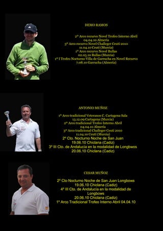 DEMO RAMOS
2º Arco recurvo Novel Trofeo Interno Abril
04.04.10 Almería
3º Arco recurvo Novel Challeger Ceutí 2010
11.04.10 Ceutí (Murcia)
1º Arco recurvo Novel Bullas
02.05.10 Bullas (Murcia)
1º I Trofeo Nocturno Villa de Garrucha en Novel Recurvo
7.08.10 Garrucha (Almería)
ANTONIO MUÑOZ
1º Arco tradicional Veteranos C. Cartagena Sala
13.12.09 Cartagena (Murcia)
2º Arco tradicional Trofeo Interno Abril
04.04.10 Almería
3º Arco tradicional Challeger Ceuti 2010
11.04.10 Ceutí (Murcia)
2º Cto. Nocturno Noche de San Juan
19.06.10 Chiclana (Cadiz)
3º III Cto. de Andalucía en la modalidad de Longbwos
20.06.10 Chiclana (Cadiz)
CESAR MUÑOZ
2º Cto Nocturno Noche de San Juan Longbows
19.06.10 Chiclana (Cadiz)
4º III Cto. de Andalucía en la modalidad de
Longbows
20.06.10 Chiclana (Cadiz)
1º Arco Tradicional Trofeo Interno Abril 04.04.10
 