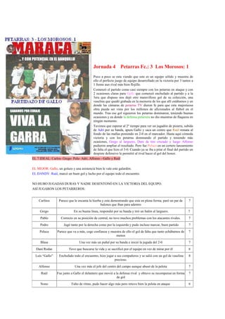 Jornada 4 Petarras Fc.: 3 Los Morosos: 1
                                          Poco a poco se esta viendo que este es un equipo sólido y muestra de
                                          ello el perfecto juego de equipo desarrollado en la victoria por 3 tantos a
                                          1 frente aun rival más bien flojillo.
                                          Comenzó el partido como casi siempre con los petarras en ataque y con
                                          2 ocasiones claras para Gallo que comenzó enchufado al partido y a la
                                          3era que dispuso nos dejó otro maravilloso gol de su colección, una
                                          vaselina que quedó grabada en la memoria de los que allí estábamos y en
                                          donde las cámaras de petarras TV dieron fe para que esta majestuosa
                                          obra pueda ser vista por los millones de aficionados al fútbol en el
                                          mundo. Tras ese gol siguieron los petarras dominaron, teniendo buenas
                                          ocasiones y en donde la defensa petarrera no dio muestras de flaqueza en
                                          ningún momento.
                                          Tuvimos que esperar al 2º tiempo para ver un jugadón de pizarra, subida
                                          de Adri por su banda, apura Gallo y saca un centro que Raúl remata al
                                          fondo de las mallas poniendo en 2-0 en el marcador. Hasta aquí cómoda
                                          victoria y con los petarras dominando el partido y teniendo más
                                          ocasiones, Grego al larguero, Dani de tiro cruzado y luego Alfonso
                                          pudieron ampliar el resultado. Pero fue Peluca en un certero lanzamiento
                                          de falta el que hizo el 3-0. Cuando ya se iba a pitar el final del partido un
                                          despiste defensivo le permitió al rival hacer el gol del honor.
EL 7 IDEAL: Carlos- Grego- Pelu- Adri, Alfonso - Gallo y Raúl

EL MEJOR: Gallo, un golazo y una asistencia bien le vale este galardón.
EL DANDY: Raúl, marcó un buen gol y lucho por el equipo todo el encuentro.

NO HUBO JUGADAS DURAS Y NADIE DESENTONÓ EN LA VICTORIA DEL EQUIPO.
ASÍ JUGARON LOS PETARREROS:


    Carlitos       Parece que le encanta la hierba y esta demostrando que esta en plena forma, paró un par de      7
                                                  balones que iban para adentro
     Grego                    En su buena línea, respondió por su banda y tiró un balón al larguero.               7
      Pablo          Correcto en su posición de central, no tuvo muchos problemas con los atacantes rivales.       7
     Pedro             Jugó tanto por la derecha como por la izquierda y pudo incluso marcar, buen partido         7
     Peluca       Parece que va a más, coge confianza y muestra de ello el gol de falta que tanto echábamos de     7
                                                           menos
      Blasa                       Una vez más un puñal por su banda e inició la jugada del 2-0                     7
  Dani Rodas               Tuvo que buscarse la vida y se sacrificó por el equipo en vez de mirar por él           6
  Luís “Gallo”     Enchufado todo el encuentro, hizo jugar a sus compañeros y se salió con un gol de vaselina      8
                                                           precioso.
    Alfonso                    Una vez más el jefe del centro del campo aunque abusó de la pelota                  7
      Raúl        Fue junto a Gallo el delantero que movió a la defensa rival y obtuvo su recompensa en forma      7
                                                              de gol
      Nono                   Falto de ritmo, pudo hacer algo más pero retuvo bien la pelota en ataque              6
 