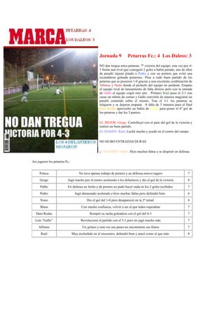 Jornada 9            Petarras Fc.: 4 Los Daleos: 3
                                                   NO dan tregua estos petarras. 7ª victoria del equipo, esta vez por 4-
                                                   3 frente aun rival que consiguió 2 goles a balón parado, uno de ellos
                                                   de penalti injusto pitado a Pedro y con un portero que evitó una
                                                   escandalosa goleada petarrera.. Pese a todo buen partido de los
                                                   petarras que se pusieron 1-0 gracias a una excelente combinación de
                                                   Alfonso y Nono donde el pichichi del equipo no perdonó. Empato
                                                   el equipo rival de lanzamiento de falta directo pero con la entrada
                                                   de Gallo el equipo cogió otro aire. Primero Raúl puso el 2-1 tras
                                                   cazar un rebote de corner y Gallo convirtió de manera magistral un
                                                   penalti cometido sobre el mismo. Tras el 3-1 los petarras se
                                                   relajaron y se dejaron empatar. A falta de 3 minutos para el final
                                                   Dani Rodas aprovechó un balón de Grego para poner el 4º gol de
                                                   los petarras y dar los 3 puntos.

                                                   EL MEJOR: Grego. Contribuyó con el pase del gol de la victoria y
                                                   realizó un buen partido.
                                                   EL DANDY: Raúl. Luchó mucho y ayudó en el centro del campo.

                                                   NO HUBO ENTRADAS DURAS

                                                   ¡VAYA DÍA!: Pedro. Hizo muchas faltas y se despistó en defensa.

Así jugaron los petarras Fc.:


     Peluca                          No tuvo apenas trabajo de portero y en defensa estuvo seguro                   7
     Grego                 Jugó mucho por el centro asistiendo a los delanteros y dio el gol de la victoria         8
      Pablo                En defensa un fortín y de portero no pudo hacer nada en los 2 goles recibidos            7
      Pedro                       Jugó demasiado acelerado e hizo muchas faltas pero defendió bien                  6
      Nono                                Dio el gol del 1-0 pero desapareció en la 2º mitad                        6
      Blasa                           Con mucha confianza, volvió a ser el que todos esperaban                      7
   Dani Rodas                               Rompió su racha goleadora con el gol del 4-3                            7
  Luís “Gallo”                        Revolucionó el partido con el 3-1 pero no jugó mucho más                      7
    Alfonso                            Un golazo y esta vez sus pases no encontraron sus frutos                     7
      Raúl                      Muy enchufado en el encuentro, defendió bien y atacó como el que más                8
 