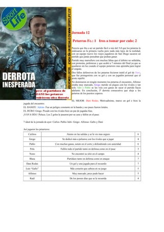 Jornada 12

                                                Petarras Fc.: 1 Iros a tomar por culo: 2
                                                Parecía que iba a ser un partido fácil a raíz del 5-0 que los petarras le
                                                endosaron en la primera vuelta pero nada más lejos de la realidad,
                                                con un equipo nuevo los viejos jugadores de San Diego sacaron un
                                                partido que jamás pensaban que podían ganar.
                                                Partido muy marrullero con muchas faltas que el árbitro no señalaba,
                                                con protestas, polémicas y que acabó a 7 minutos del final ya que se
                                                quedaron sin luz cuando el equipo petarrero mas apretaba para lograr
                                                el empate.
                                                Dos fallos defensivos de los petarras hicieron inútil el gol de Dani,
                                                que fue protagonista con su gol y con un jugadón personal que el
                                                poste repelió.
                                                No dominaron en ningún momento los petarras el encuentro, Alfonso
                                                estaba muy marcado, Grego metido en piques con los rivales y tan
                                                solo Adri y Pablo se les veía con ganas de sacar el partido hacia
                                                adelante. En conclusión, 3ª derrota consecutiva que aleja a los
                                                petarras de los puestos coperos.

                                             EL MEJOR: Dani Rodas. Motivadísimo, marco un gol e hizo la
jugada del encuentro.
EL DANDY: Adrián. Fue un peligro constante en la banda y sus pases fueron letales.
EL DURO: Grego. Picado con los rivales hizo un par de jugadas feas.
¡VAYA DÍA!: Peluca. Los 2 goles le pasaron por su cara y fallón en el pase.

7 ideal de la jornada de ayer: Carlos- Pablo-Adri- Grego- Alfonso- Gallo y Dani

Así jugaron los petarreros:
    Carlitos                               Atento en las salidas y se le vio mas seguro                              6
     Grego                            Se dedicó más a pelearse con los rivales que a jugar                           4
      Pablo                    Con muchas ganas, astuto en el corte y defendiendo con autoridad                      6
      Pelu                          Fallón todo el partido tanto en defensa como en el pase                          3
      Nono                                      No encontró su sitio en el campo                                     4
      Blasa                                Partidazo tanto en defensa como en ataque                                 7
   Dani Rodas                                Un gol y una jugada para el recuerdo                                    7
  Luís “Gallo”                                Más corazón que cabeza en su juego                                     5
    Alfonso                                     Muy marcado, poco pudo hacer                                         5
      Raúl                                    De los peores días que se le recuerda                                  4
 