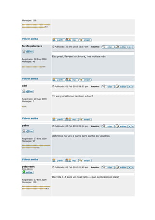Mensajes: 116




Volver arriba


forofo petarrero            Publicado: 31 Ene 2010 11:37 am   Asunto:




                          Eso presi, llevese la cámara, nos motiva más
Registrado: 08 Ene 2009
Mensajes: 46




Volver arriba


adri                        Publicado: 01 Feb 2010 08:52 pm   Asunto:



                          Yo voi y el Alfonso tambien a los 2
Registrado: 28 Ago 2009
Mensajes: 7




Volver arriba


pablo                       Publicado: 02 Feb 2010 09:14 pm   Asunto:




                          definitivo no voy q curro pero confio en vosotros
Registrado: 07 Ene 2009
Mensajes: 97




Volver arriba


petarrasfc                  Publicado: 05 Feb 2010 01:49 am   Asunto:
Site Admin



                          Derrota 1-2 ante un rival facil.... que explicaciones dais?
Registrado: 07 Ene 2009
Mensajes: 116
 