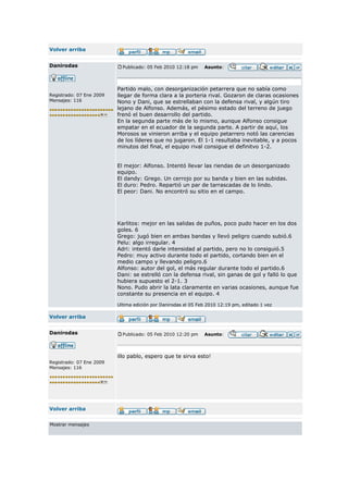 Volver arriba


Danirodas                   Publicado: 05 Feb 2010 12:18 pm    Asunto:



                          Partido malo, con desorganización petarrera que no sabía como
Registrado: 07 Ene 2009   llegar de forma clara a la porteria rival. Gozaron de claras ocasiones
Mensajes: 116             Nono y Dani, que se estrellaban con la defensa rival, y algún tiro
                          lejano de Alfonso. Además, el pésimo estado del terreno de juego
                          frenó el buen desarrollo del partido.
                          En la segunda parte más de lo mismo, aunque Alfonso consigue
                          empatar en el ecuador de la segunda parte. A partir de aquí, los
                          Morosos se vinieron arriba y el equipo petarrero notó las carencias
                          de los líderes que no jugaron. El 1-1 resultaba inevitable, y a pocos
                          minutos del final, el equipo rival consigue el definitvo 1-2.


                          El mejor: Alfonso. Intentó llevar las riendas de un desorganizado
                          equipo.
                          El dandy: Grego. Un cerrojo por su banda y bien en las subidas.
                          El duro: Pedro. Repartió un par de tarrascadas de lo lindo.
                          El peor: Dani. No encontró su sitio en el campo.




                          Karlitos: mejor en las salidas de puños, poco pudo hacer en los dos
                          goles. 6
                          Grego: jugó bien en ambas bandas y llevó peligro cuando subió.6
                          Pelu: algo irregular. 4
                          Adri: intentó darle intensidad al partido, pero no lo consiguió.5
                          Pedro: muy activo durante todo el partido, cortando bien en el
                          medio campo y llevando peligro.6
                          Alfonso: autor del gol, el más regular durante todo el partido.6
                          Dani: se estrelló con la defensa rival, sin ganas de gol y falló lo que
                          hubiera supuesto el 2-1. 3
                          Nono. Pudo abrir la lata claramente en varias ocasiones, aunque fue
                          constante su presencia en el equipo. 4

                          Ultima edición por Danirodas el 05 Feb 2010 12:19 pm, editado 1 vez

Volver arriba


Danirodas                   Publicado: 05 Feb 2010 12:20 pm    Asunto:




                          illo pablo, espero que te sirva esto!
Registrado: 07 Ene 2009
Mensajes: 116




Volver arriba


Mostrar mensajes
 