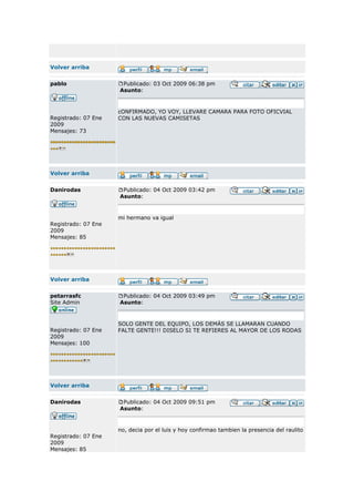 Volver arriba


pablo                 Publicado: 03 Oct 2009 06:38 pm
                     Asunto:



                     cONFIRMADO, YO VOY, LLEVARE CAMARA PARA FOTO OFICVIAL
Registrado: 07 Ene   CON LAS NUEVAS CAMISETAS
2009
Mensajes: 73




Volver arriba


Danirodas             Publicado: 04 Oct 2009 03:42 pm
                     Asunto:


                     mi hermano va igual
Registrado: 07 Ene
2009
Mensajes: 85




Volver arriba


petarrasfc            Publicado: 04 Oct 2009 03:49 pm
Site Admin           Asunto:


                     SOLO GENTE DEL EQUIPO, LOS DEMÁS SE LLAMARAN CUANDO
Registrado: 07 Ene   FALTE GENTE!!! DISELO SI TE REFIERES AL MAYOR DE LOS RODAS
2009
Mensajes: 100




Volver arriba


Danirodas             Publicado: 04 Oct 2009 09:51 pm
                     Asunto:


                     no, decia por el luis y hoy confirmao tambien la presencia del raulito
Registrado: 07 Ene
2009
Mensajes: 85
 