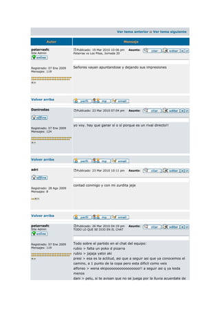 Ver tema anterior :: Ver tema siguiente


             Autor                                        Mensaje

petarrasfc                  Publicado: 19 Mar 2010 10:06 pm   Asunto:
Site Admin                Petarras vs Los Pitas, Jornada 20




Registrado: 07 Ene 2009   Señores vayan apuntandose y dejando sus impresiones
Mensajes: 119




Volver arriba


Danirodas                   Publicado: 23 Mar 2010 07:04 pm   Asunto:




                          yo voy. hay que ganar sí o sí porque es un rival directo!!
Registrado: 07 Ene 2009
Mensajes: 124




Volver arriba


adri                        Publicado: 23 Mar 2010 10:11 pm   Asunto:




                          contad conmigo y con mi zurdita jeje
Registrado: 28 Ago 2009
Mensajes: 8




Volver arriba


petarrasfc                  Publicado: 26 Mar 2010 04:19 pm   Asunto:
Site Admin                TODO LO QUE SE DIJO EN EL CHAT




Registrado: 07 Ene 2009   Todo sobre el partido en el chat del equipo:
Mensajes: 119             rubio > falta un poko d pizarra
                          rubio > jajaja yatoi aki
                          presi > esa es la actitud, asi que a seguir asi que ya conocemos el
                          camino, a 1 punto de la copa pero esta dificil como veis
                          alfonso > wena ekipoooooooooooooooo!! a seguir asi q ya keda
                          menos
                          dani > pelu, si te avisan que no se juega por la lluvia acuerdate de
 