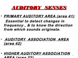 AUDITORY SENSES
• PRIMARY AUDITORY AREA (area 41)
   Essential to detect changes in
  frequency , & to know the direction
  from which sounds originate.

• AUDITORY ASSOCIATION AREA
  (area 42)

• HIGHER AUDITORY ASSOCIATION      22
 