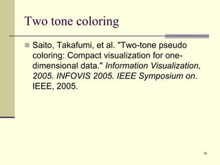 Two tone coloring
 Saito, Takafumi, et al. "Two-tone pseudo
coloring: Compact visualization for one-
dimensional data." Information Visualization,
2005. INFOVIS 2005. IEEE Symposium on.
IEEE, 2005.
18
 