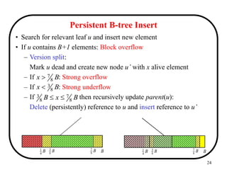 24
B
4
1 B
8
7
B
8
3
B
Persistent B-tree Insert
• Search for relevant leaf u and insert new element
• If u contains B+1 elements: Block overflow
– Version split:
Mark u dead and create new node u’ with x alive element
– If : Strong overflow
– If : Strong underflow
– If then recursively update parent(u):
Delete (persistently) reference to u and insert reference to u’
B
4
1 B
8
7
B
8
3
B
B
x 8
7

B
x 8
3

B
x
B 8
7
8
3 

 