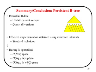 29
Summary/Conclusion: Persistent B-tree
• Persistent B-tree
– Update current version
– Query all versions
• Efficient implementation obtained using existence intervals
– Standard technique

• During N operations
– O(N/B) space
– update
– query
)
(log B
T
B N
O 
)
(log N
O B
 