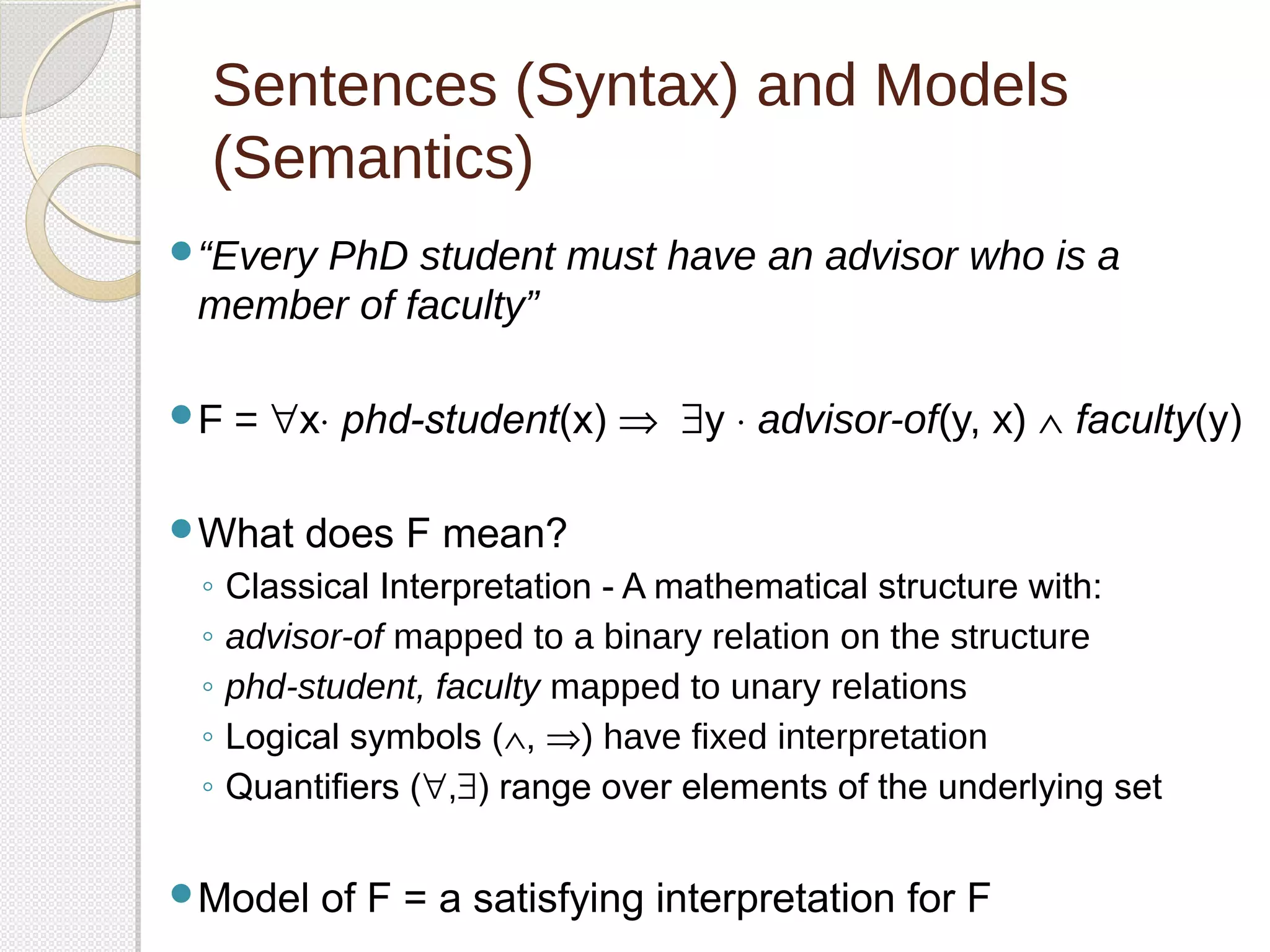 Sentences (Syntax) and Models 
(Semantics) 
“Every PhD student must have an advisor who is a 
member of faculty” 
F = "x× phd-student(x) Þ $y × advisor-of(y, x) Ù faculty(y) 
What does F mean? 
◦ Classical Interpretation - A mathematical structure with: 
◦ advisor-of mapped to a binary relation on the structure 
◦ phd-student, faculty mapped to unary relations 
◦ Logical symbols (Ù, Þ) have fixed interpretation 
◦ Quantifiers (",$) range over elements of the underlying set 
Model of F = a satisfying interpretation for F 
 