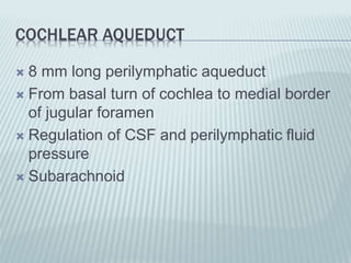 COCHLEAR AQUEDUCT
 8 mm long perilymphatic aqueduct
 From basal turn of cochlea to medial border
of jugular foramen
 Regulation of CSF and perilymphatic fluid
pressure
 Subarachnoid
 