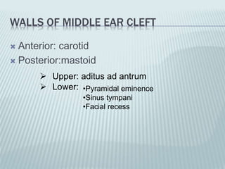 WALLS OF MIDDLE EAR CLEFT
 Anterior: carotid
 Posterior:mastoid
 Upper: aditus ad antrum
 Lower: •Pyramidal eminence
•Sinus tympani
•Facial recess
 