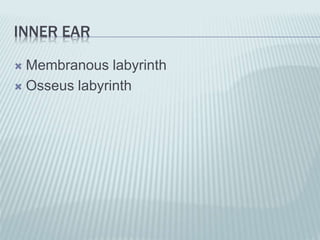 INNER EAR
 Membranous labyrinth
 Osseus labyrinth
 