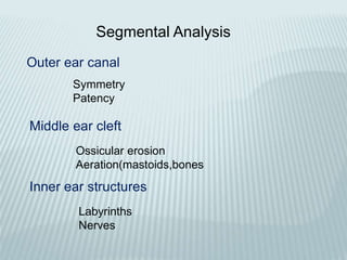 Symmetry
Patency
Outer ear canal
Middle ear cleft
Inner ear structures
Ossicular erosion
Aeration(mastoids,bones
Labyrinths
Nerves
Segmental Analysis
 