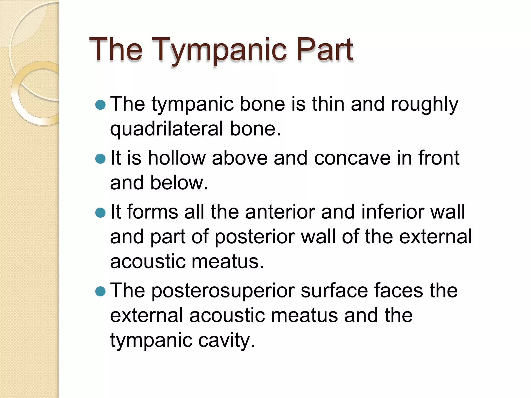The Tympanic Part
⚫ The tympanic bone is thin and roughly
quadrilateral bone.
⚫ It is hollow above and concave in front
and below.
⚫ It forms all the anterior and inferior wall
and part of posterior wall of the external
acoustic meatus.
⚫ The posterosuperior surface faces the
external acoustic meatus and the
tympanic cavity.
 